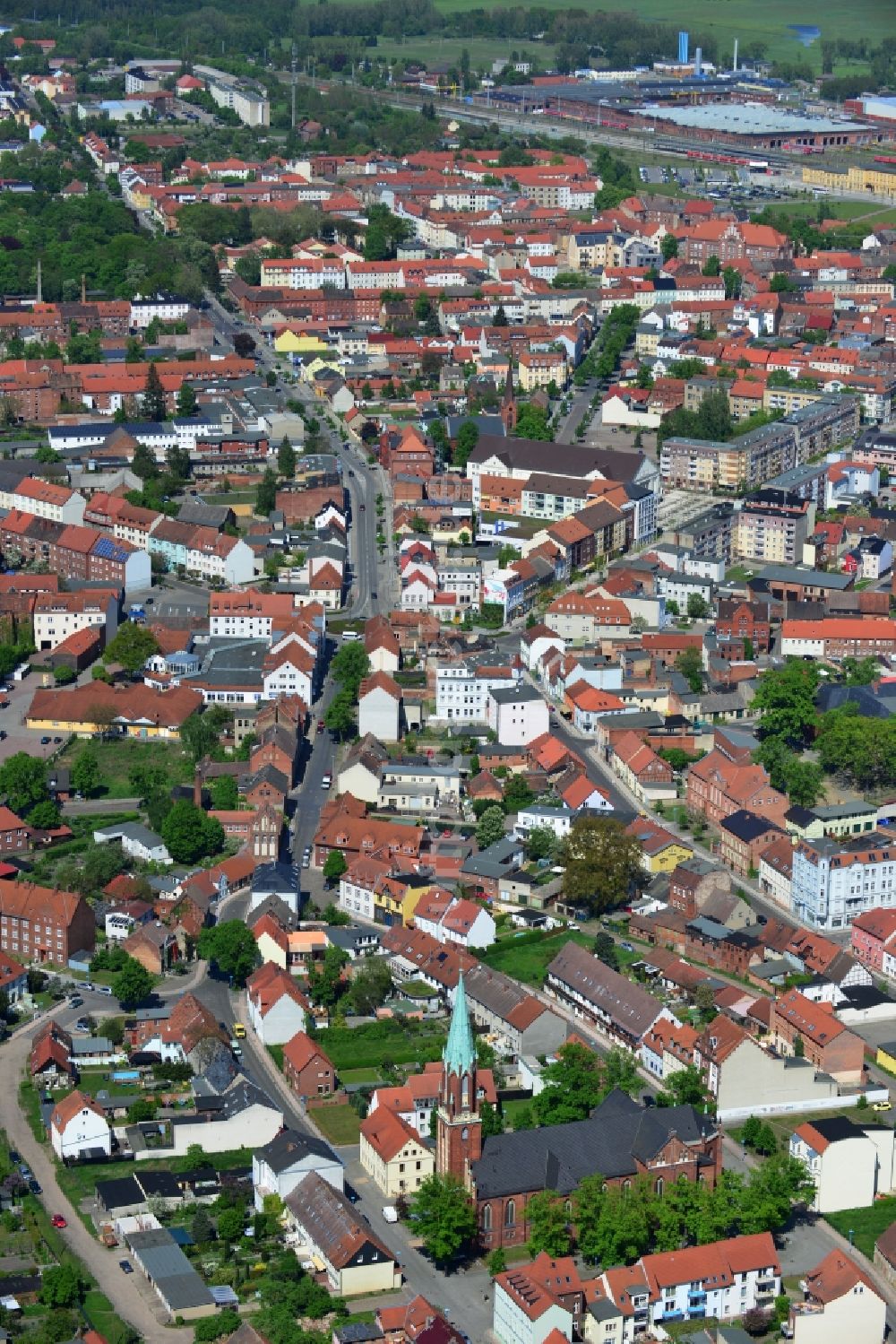 Luftaufnahme Wittenberge - Stadtansicht der Innenstadt am Stadtzentrum von Wittenberge im Bundesland Brandenburg