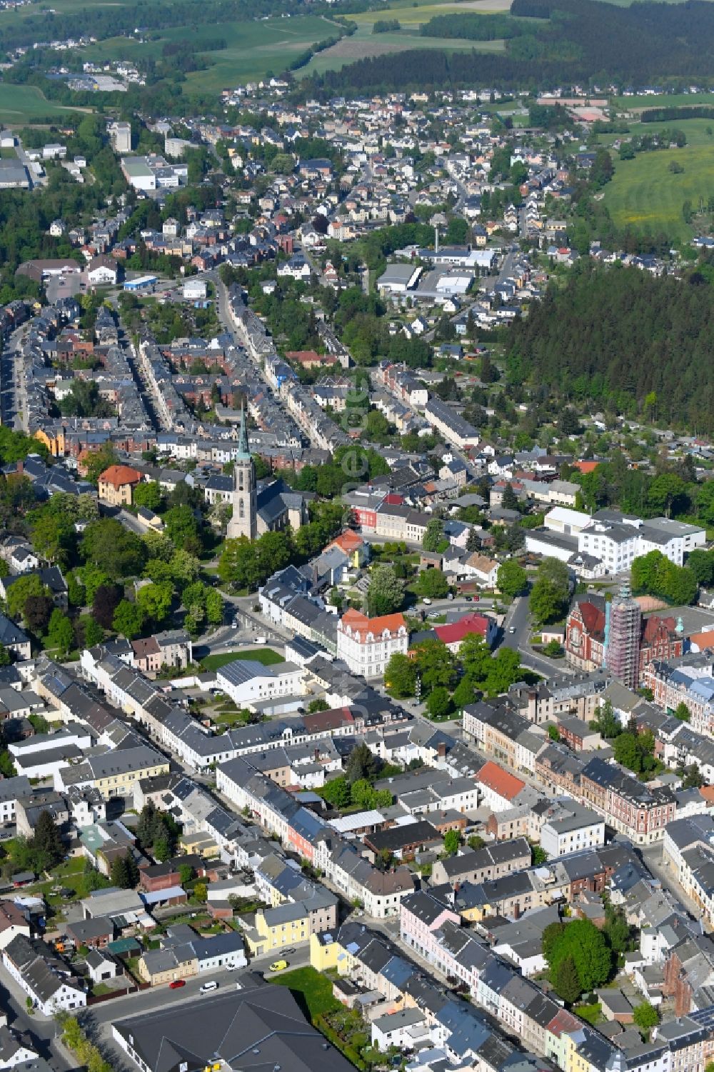 Falkenstein/Vogtland von oben - Stadtansicht vom Innenstadtbereich in Falkenstein/Vogtland im Bundesland Sachsen, Deutschland