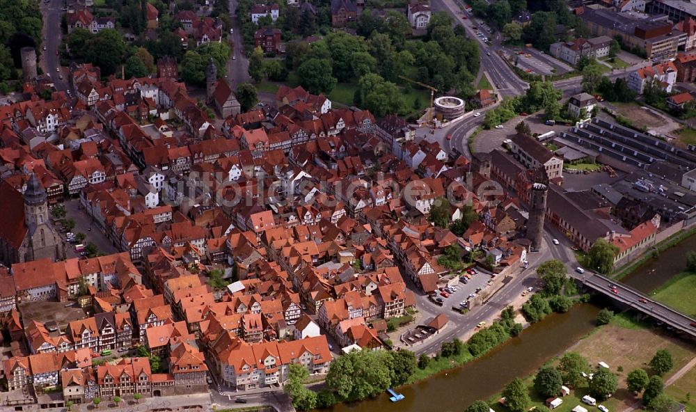 Hann. Münden von oben - Stadtansicht vom Innenstadtbereich in Hann. Münden im Bundesland Niedersachsen