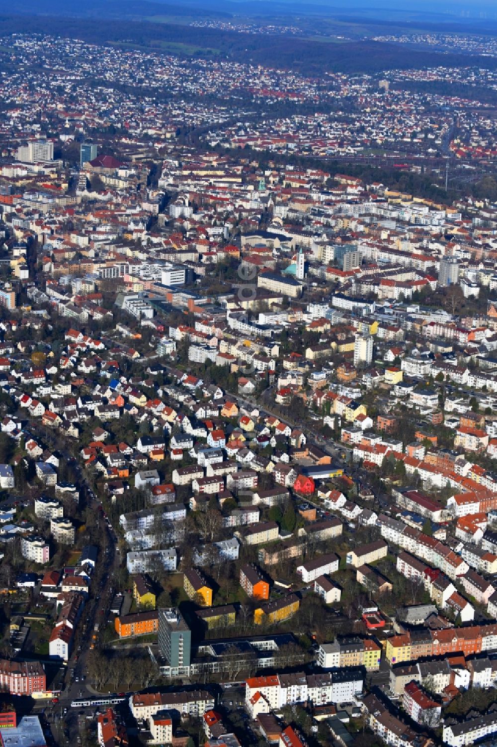 Luftaufnahme Kassel - Stadtansicht vom Innenstadtbereich in Kassel im Bundesland Hessen, Deutschland