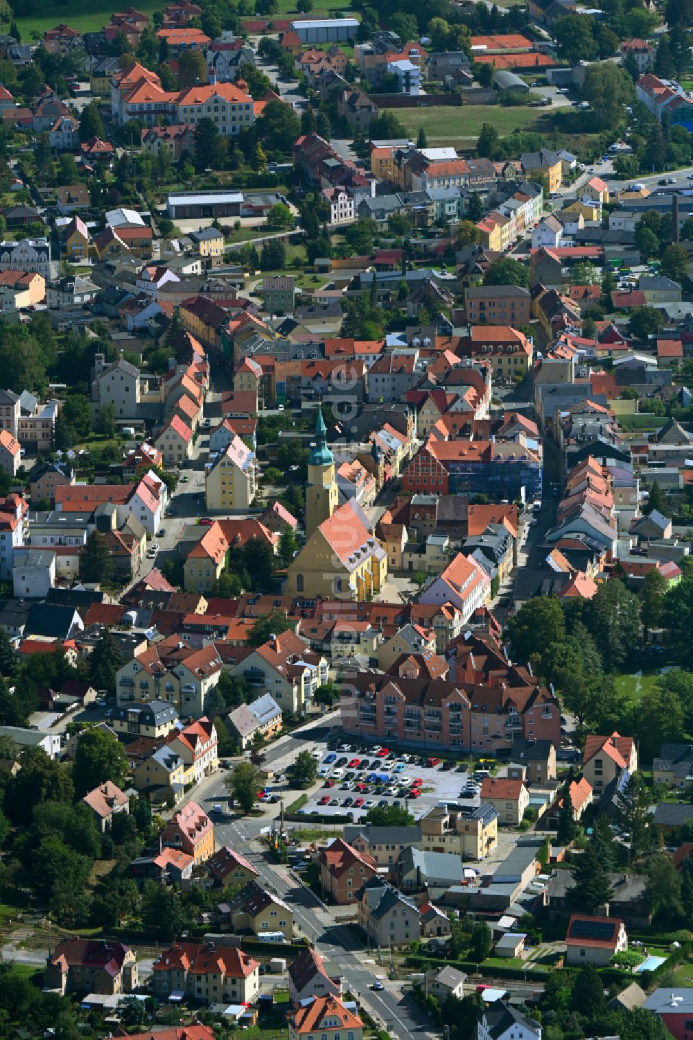 Luftaufnahme Pulsnitz - Stadtansicht vom Innenstadtbereich in Pulsnitz im Bundesland Sachsen, Deutschland