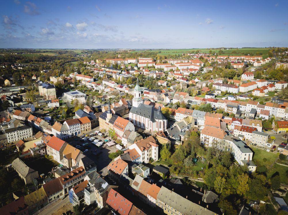 Roßwein von oben - Stadtansicht vom Innenstadtbereich in Roßwein im Bundesland Sachsen, Deutschland