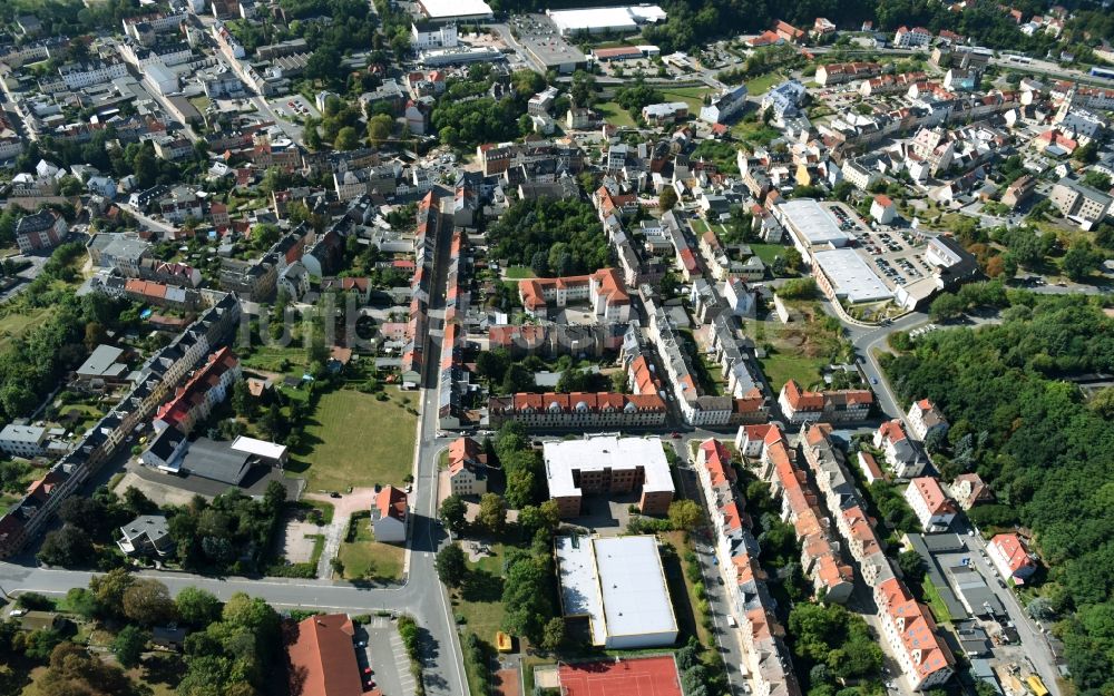 Werdau aus der Vogelperspektive: Stadtansicht des Innenstadtbereiches entlang der Ziegelstraße und der Alexander-von-Humboldt-Straße in Werdau im Bundesland Sachsen