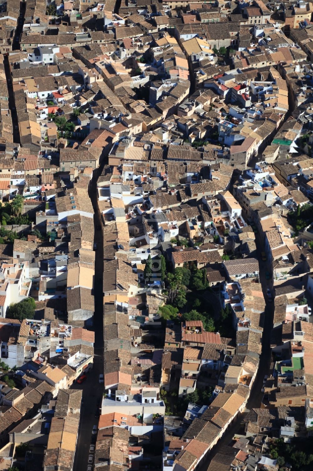 Pollença von oben - Stadtansicht des Innenstadtbereiches in Pollença Mallorca auf der balearischen Mittelmeerinsel Mallorca, Spanien