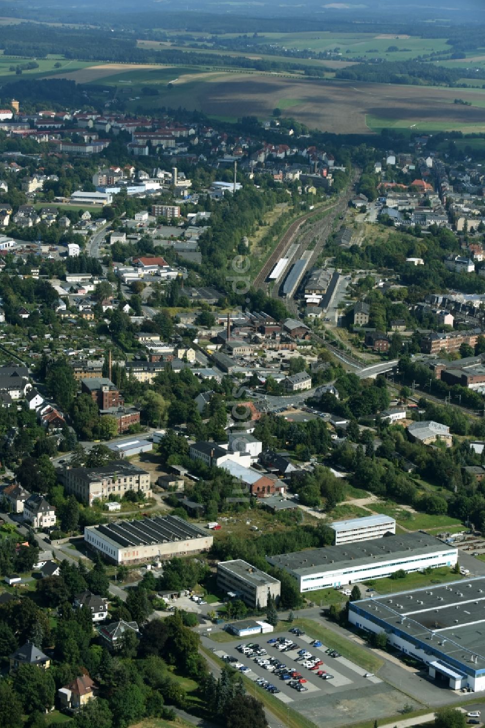 Reichenbach im Vogtland aus der Vogelperspektive: Stadtansicht des Innenstadtbereiches am Reichenbach(Vogtl) ob Bf in Reichenbach im Vogtland im Bundesland Sachsen