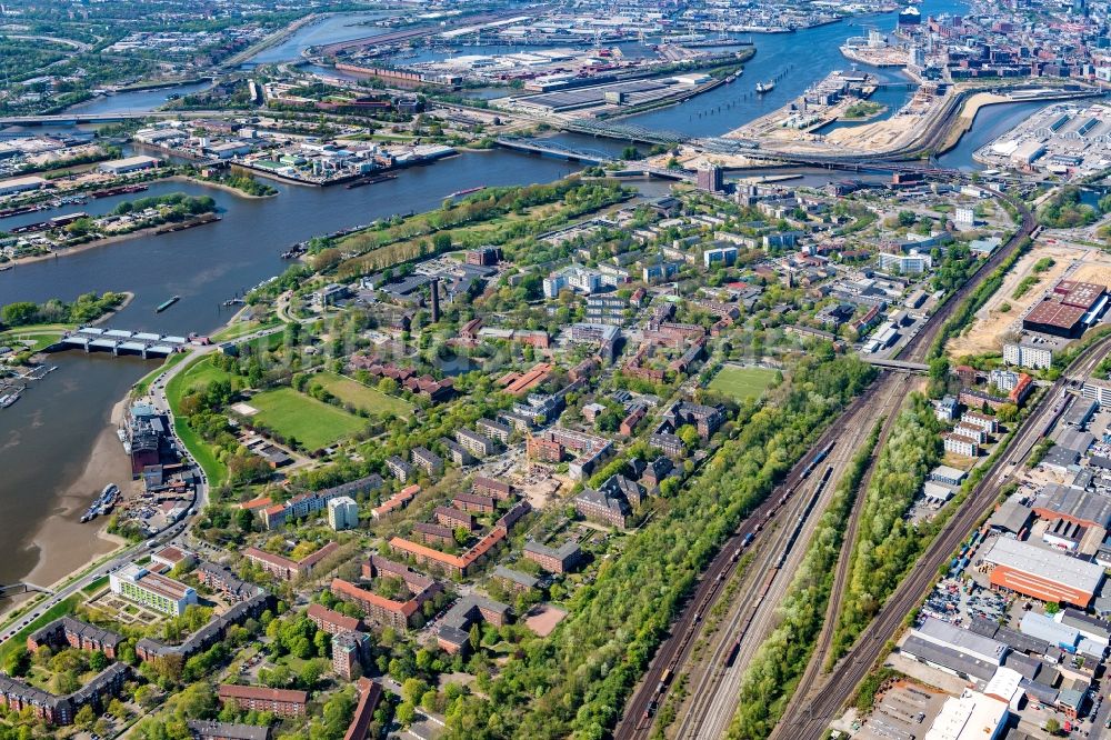 Luftaufnahme Hamburg - Stadtansicht des Stadtteil am Flussverlauf der Norderelbe im Ortsteil Rothenburgsort in Hamburg, Deutschland