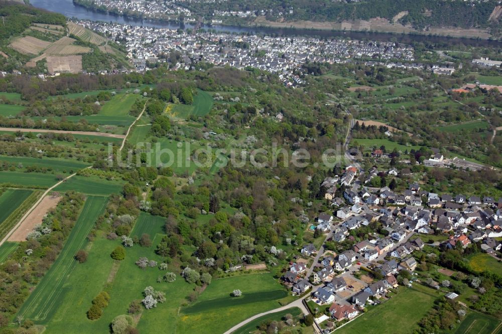 Koblenz OT Güls von oben - Stadtansicht am Ufer des Rheinverlaufes von Koblenz-Güls im Bundesland Rheinland-Pfalz