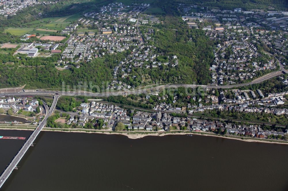 Koblenz OT Pfaffendorf von oben - Stadtansicht am Ufer des Rheinverlaufes von Koblenz-Pfaffendorf im Bundesland Rheinland-Pfalz