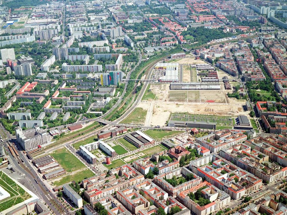 Berlin-Friedrichshain aus der Vogelperspektive: Stadtentwicklungsgebiet Eldenaer Straße/ Landsberger Allee