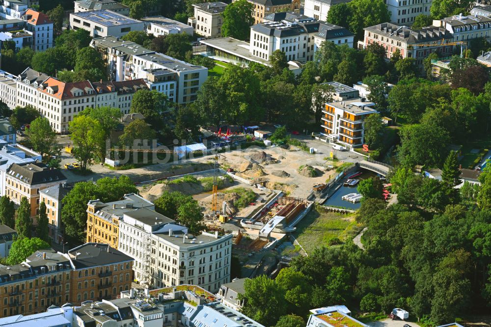 Luftbild Leipzig - Stadthafen - Umbau und Neugestaltung der Hafenanlagen am Ufer des Elstermühlengraben in Leipzig im Bundesland Sachsen, Deutschland