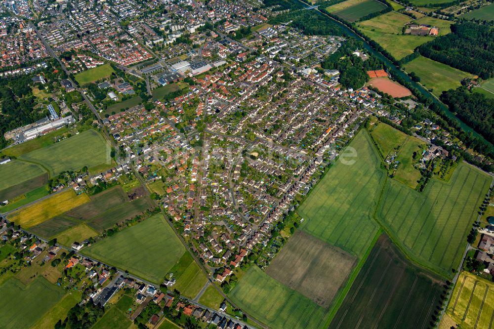 Luftaufnahme Hamm - Stadtrand und Außenbezirks- Wohngebiete an der Fritz-Erler-Straße im Ortsteil Norddinker in Hamm im Bundesland Nordrhein-Westfalen, Deutschland