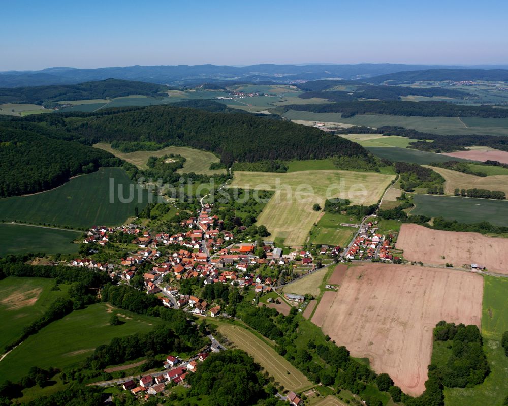 Birkenfelde aus der Vogelperspektive: Stadtrand mit landwirtschaftlichen Feldern in Birkenfelde im Bundesland Thüringen, Deutschland