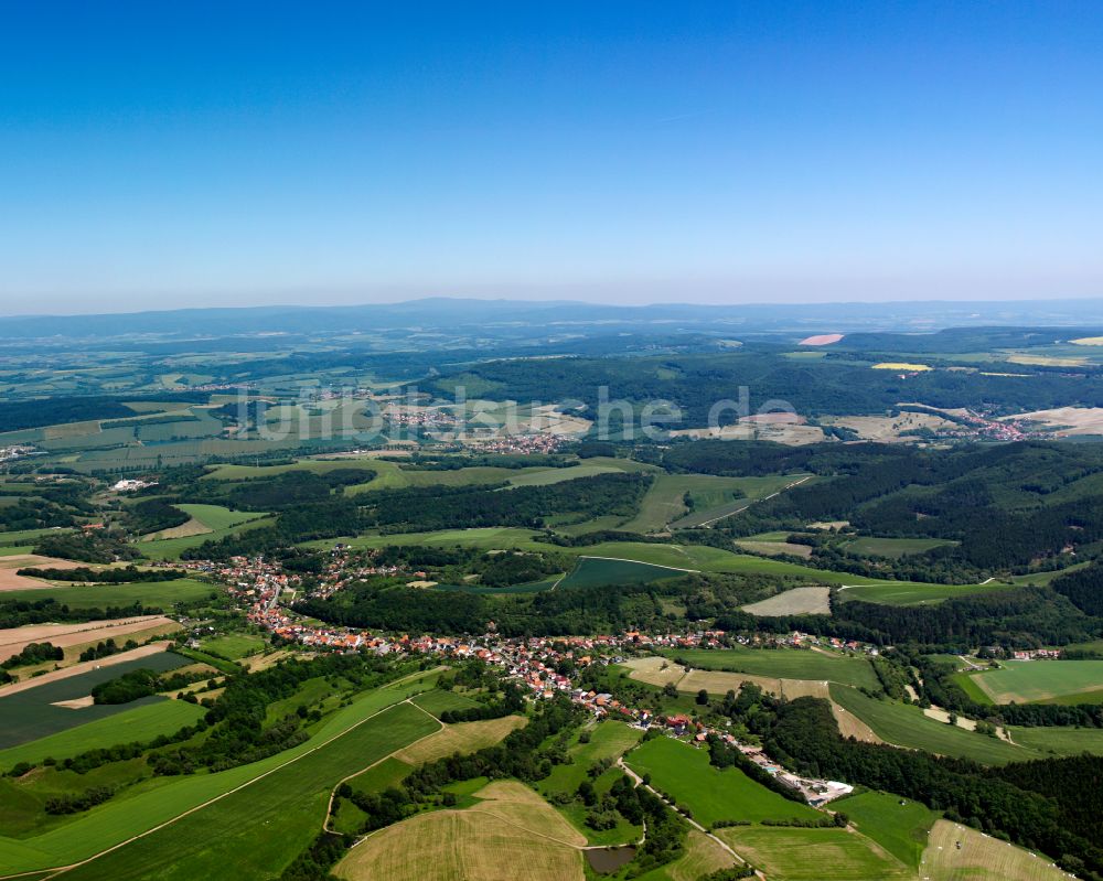 Hundeshagen aus der Vogelperspektive: Stadtrand mit landwirtschaftlichen Feldern in Hundeshagen im Bundesland Thüringen, Deutschland