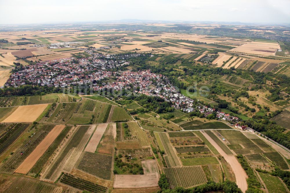 Wackernheim aus der Vogelperspektive: Stadtrand mit landwirtschaftlichen Feldern des Stadtteils Ingelheim - Wackernheim in Wackernheim im Bundesland Rheinland-Pfalz, Deutschland