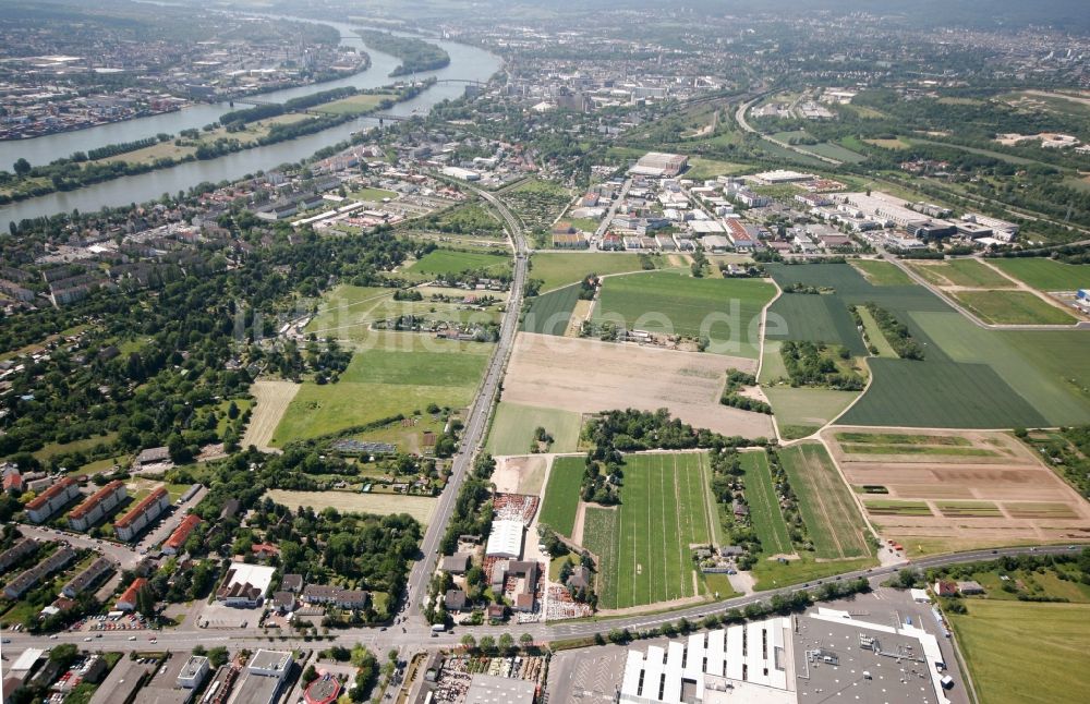 Luftaufnahme Wiesbaden - Stadtteil Mainz-Kastel am Ufer des Rhein in Wiesbaden im Bundesland Hessen