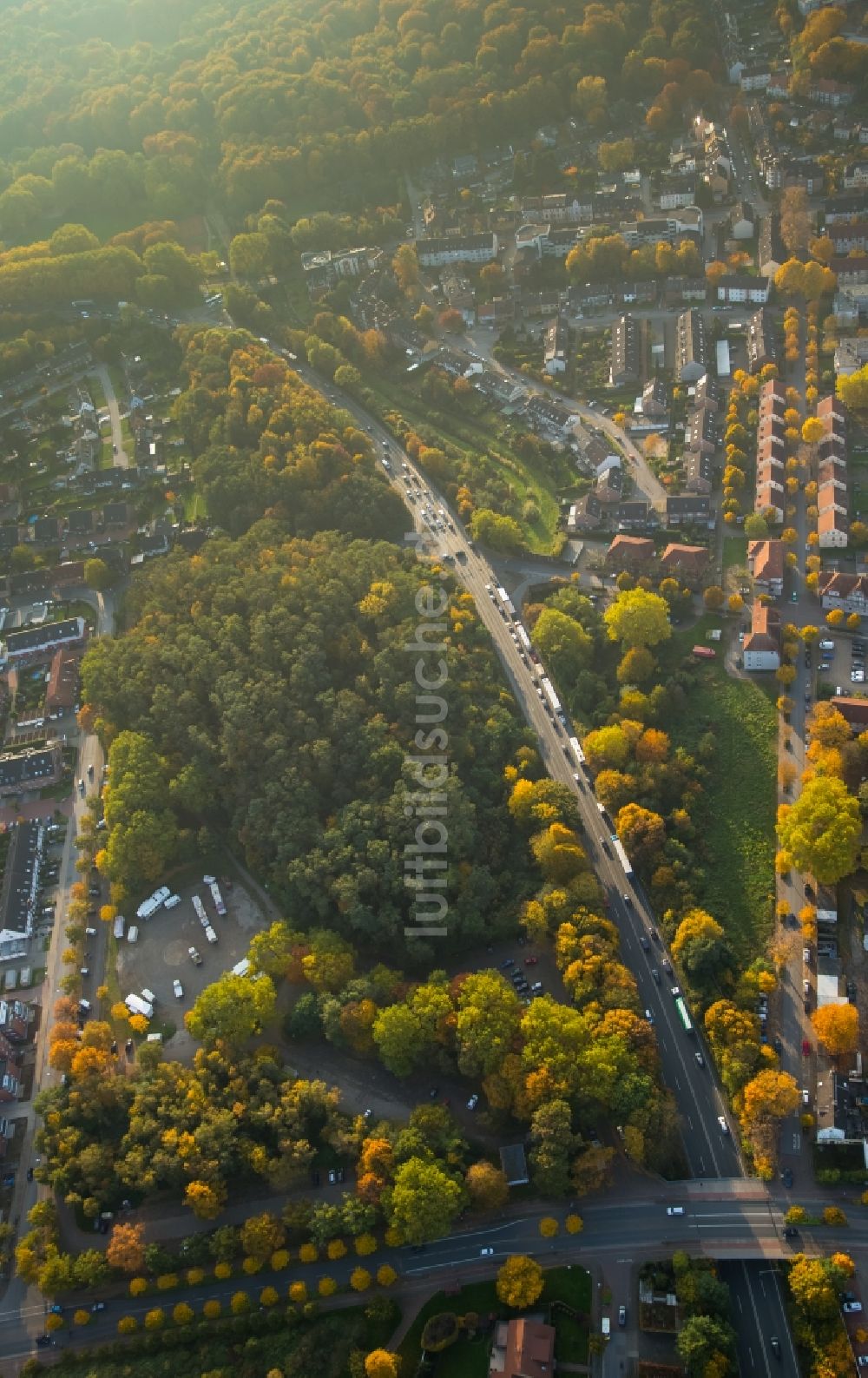 Luftbild Gladbeck - Stadtteilansicht der herbstlichen Umgebung entlang der Bundesstraße B224 im Süden der Innenstadt von Gladbeck im Bundesland Nordrhein-Westfalen