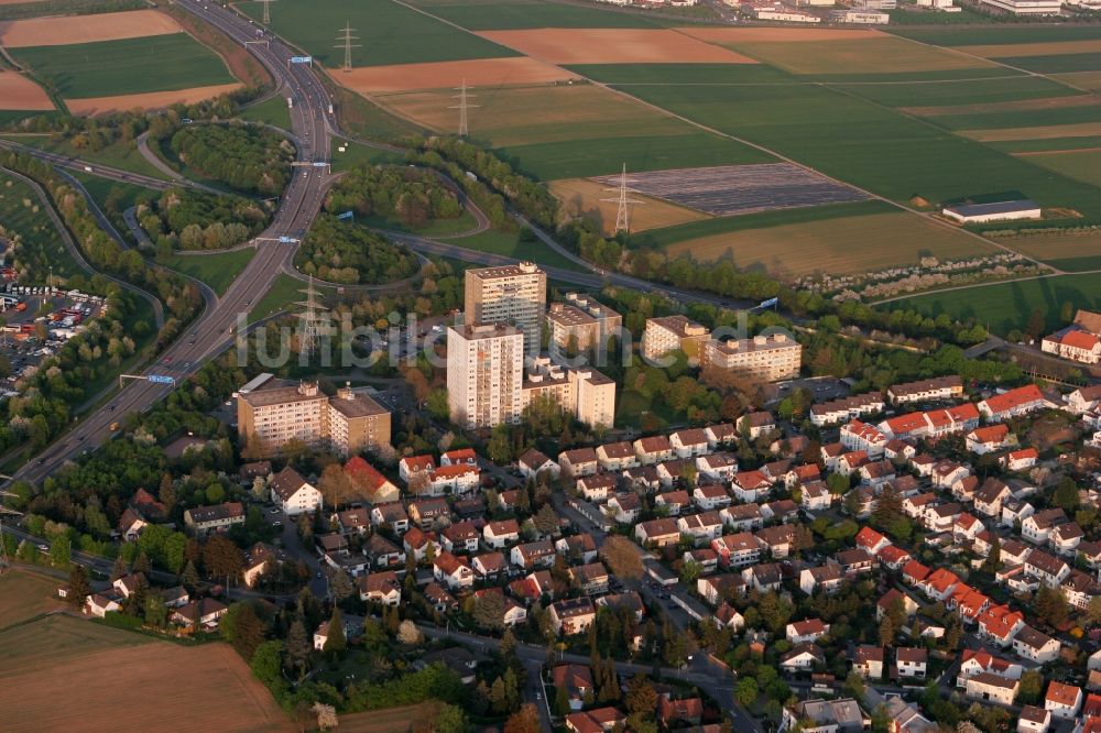 Luftaufnahme Mainz - Stadtteilansicht von Marienborn in der tiefstehenden Sonne in Mainz im Bundesland Rheinland-Pfalz