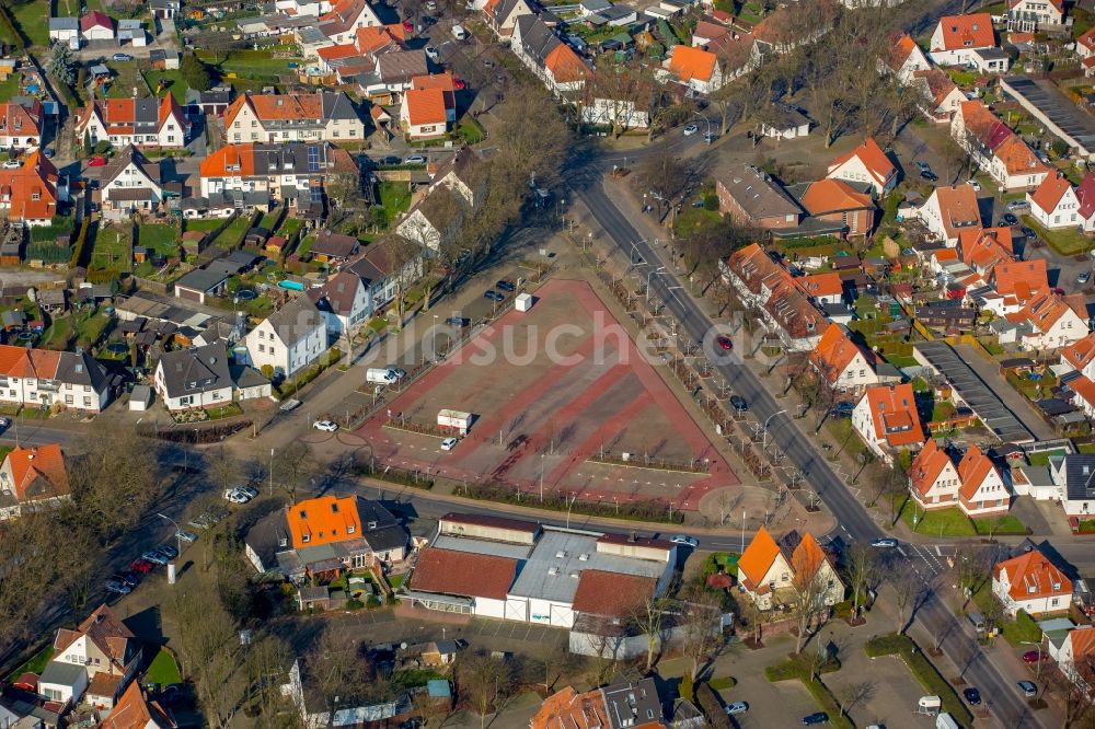 Luftaufnahme Kamp-Lintfort - Stadtteilansicht des Marktplatz Ebertstraße und seiner Umgebung in Kamp-Lintfort im Bundesland Nordrhein-Westfalen