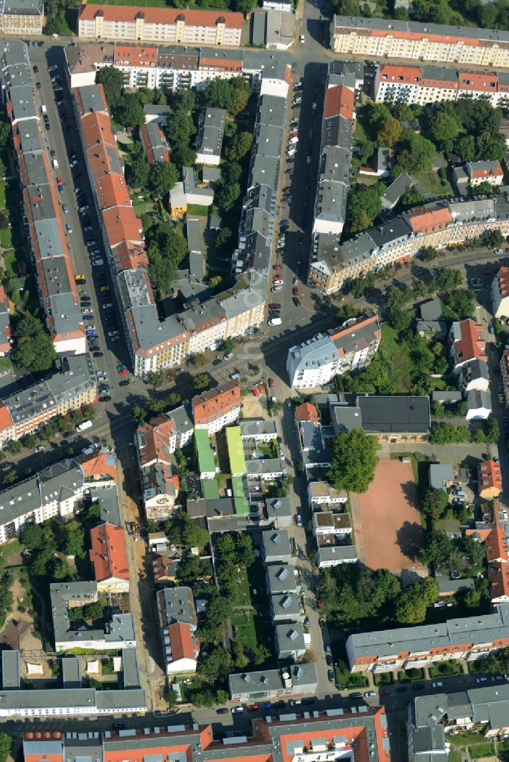 Luftaufnahme Leipzig - Stadtteilansicht des Wohngebietes an der Bornaische Straße Ecke Stockartstraße im Stadtteil Connewitz in Leipzig im Bundesland Sachsen