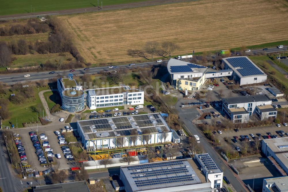 Unna von oben - Stadtwerke- Geschäftshauses an der Heinrich-Hertz-Straße im Ortsteil Industriepark Unna in Unna im Bundesland Nordrhein-Westfalen, Deutschland