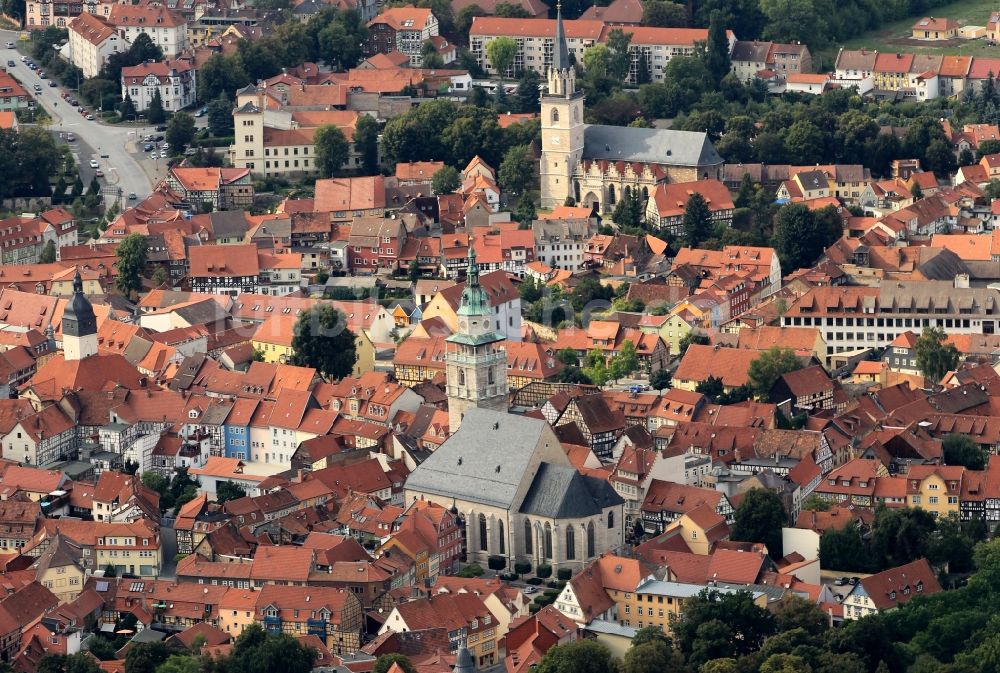 Luftbild Bad Langensalza - Stadtzentrum mit Rathaus, Marktkirche St. Bonifacii und Berg- Kirche St. Stephan in Bad Langensalza in Thüringen