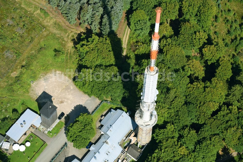 Luftbild Herscheid - Stahlmast- Funkturm und Sendeanlage als Grundnetzsender Robert-Kolb-Turm des Westdeutscher Rundfunk am Nordheller Weg in Herscheid im Bundesland Nordrhein-Westfalen, Deutschland