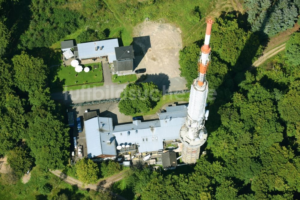 Luftaufnahme Herscheid - Stahlmast- Funkturm und Sendeanlage als Grundnetzsender Robert-Kolb-Turm des Westdeutscher Rundfunk am Nordheller Weg in Herscheid im Bundesland Nordrhein-Westfalen, Deutschland