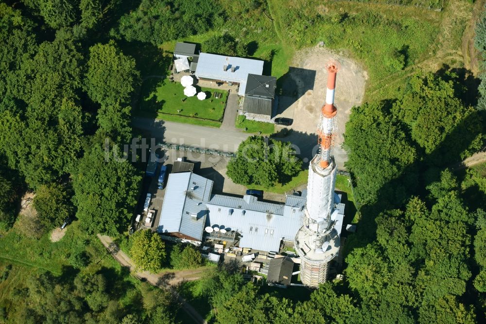 Herscheid von oben - Stahlmast- Funkturm und Sendeanlage als Grundnetzsender Robert-Kolb-Turm des Westdeutscher Rundfunk am Nordheller Weg in Herscheid im Bundesland Nordrhein-Westfalen, Deutschland