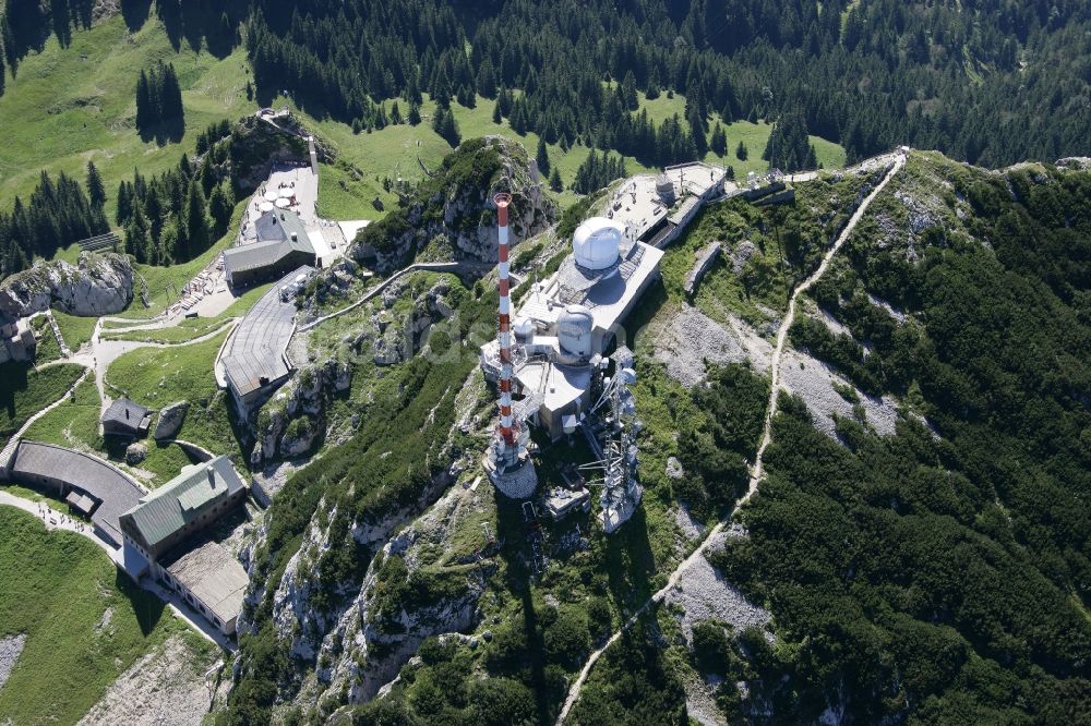 Luftaufnahme Bayrischzell - Stahlmast- Funkturm und Sendeanlage als Grundnetzsender Sender Wendelstein in Bayrischzell im Bundesland Bayern, Deutschland