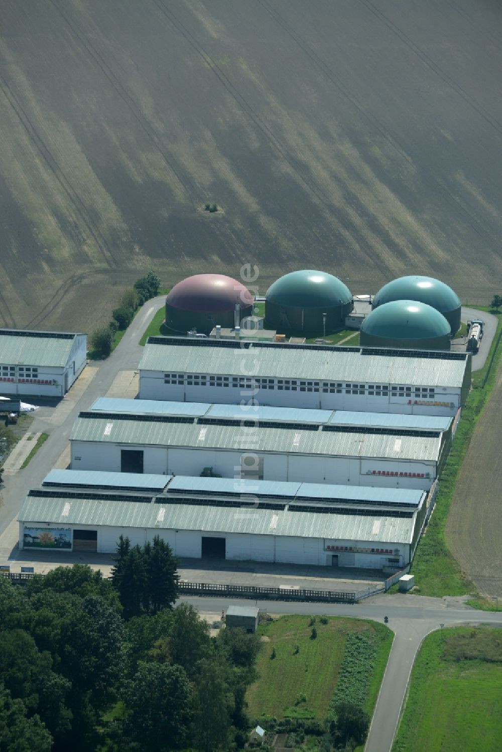 Ochelmitz aus der Vogelperspektive: Stallanlagen eines landwirtschaftlichen Betriebes mit Biogasanlage im Süden von Ochelmitz im Bundesland Sachsen