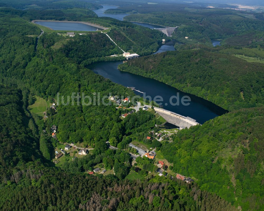 Wendefurth von oben - Staubecken und Stausee der Bode und Rappbodetalsperre in Wendefurth im Bundesland Sachsen-Anhalt, Deutschland