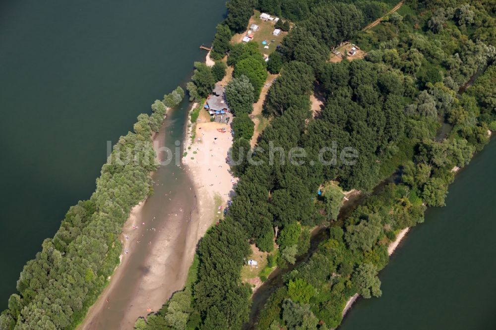 Luftaufnahme Wiesbaden - Strand am Campingplatz Rettbergsau in Wiesbaden im Bundesland Hessen