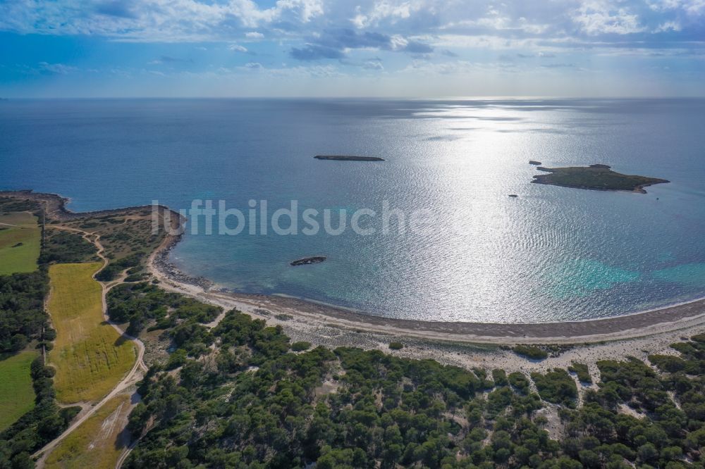 Luftaufnahme Ses Salines - Strand von Ses Salines an der Mittelmeerküste der der spanischen Baleareninsel Mallorca in Spanien