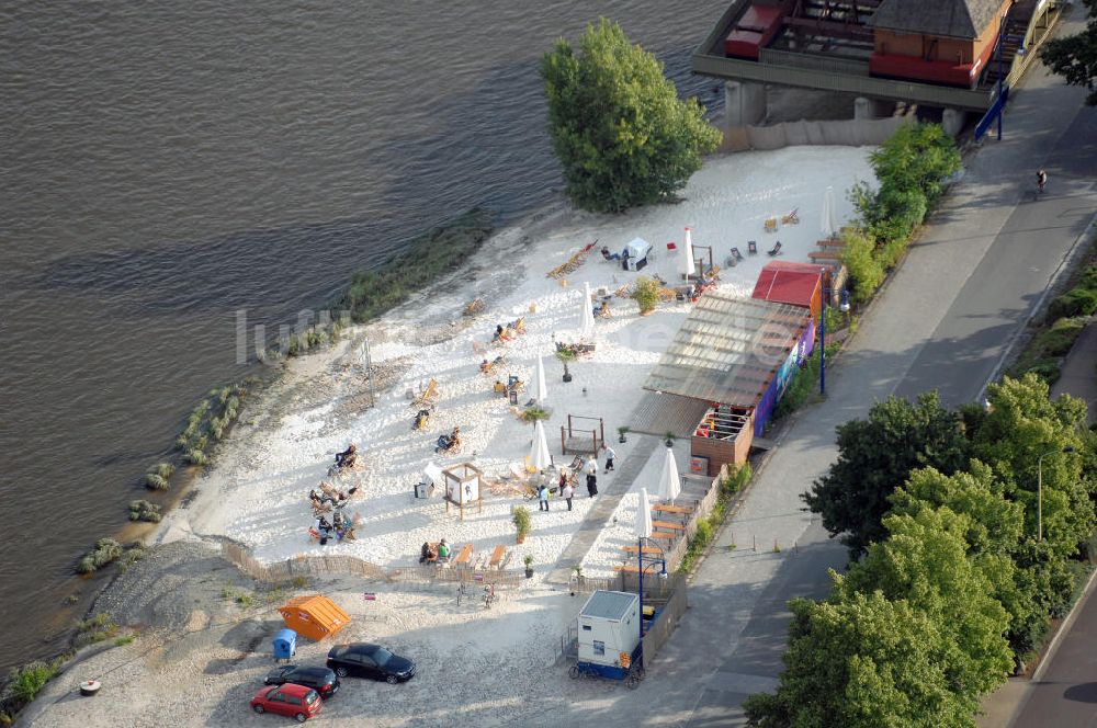 Magdeburg von oben - Strandbar an der Elbe am Petriförder in Magdeburg