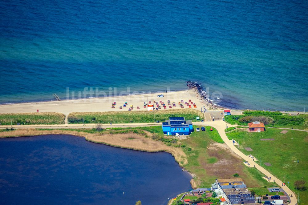 Heiligenhafen aus der Vogelperspektive: Strandkorb- Reihen am Sand- Strand im Küstenbereich DLRG Unterkunft in Heiligenhafen im Bundesland Schleswig-Holstein, Deutschland