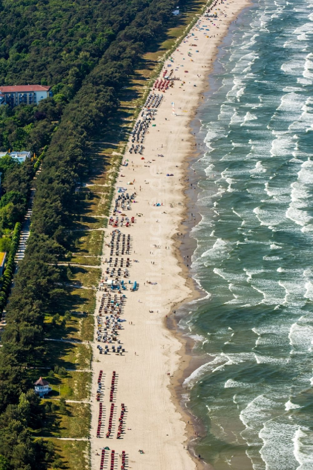 Luftaufnahme Binz - Strandkorb- Reihen am Sand- Strand im Küstenbereich der Ostsee in Binz im Bundesland Mecklenburg-Vorpommern