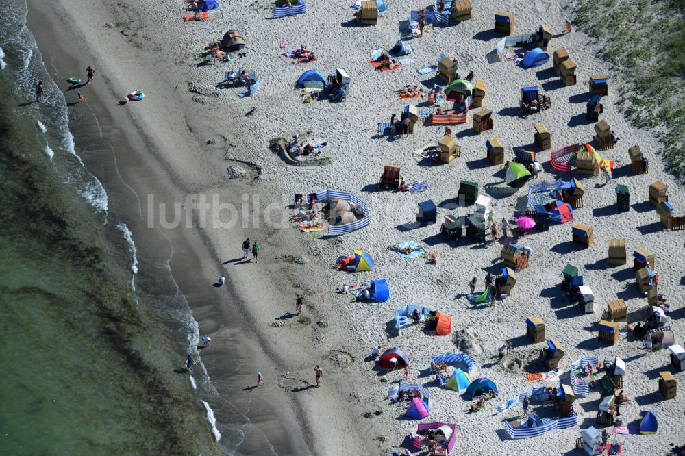 Dierhagen aus der Vogelperspektive: Strandkorb- Reihen am Sand- Strand im Küstenbereich der Ostsee in Dierhagen im Bundesland Mecklenburg-Vorpommern