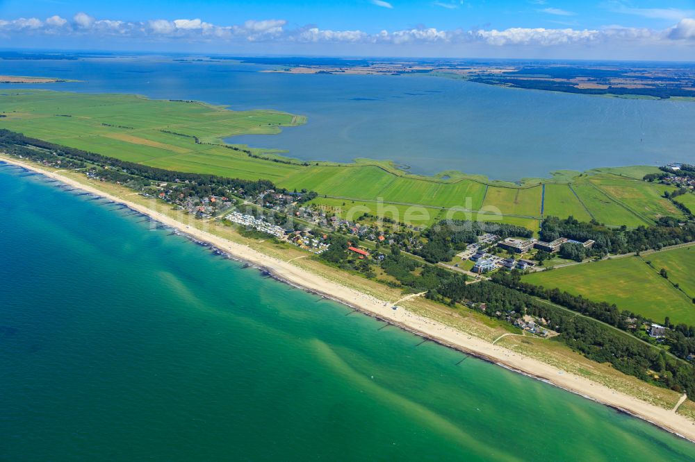 Ostseebad Dierhagen aus der Vogelperspektive: Strandkorb- Reihen am Sand- Strand im Küstenbereich der Ostsee in Ostseebad Dierhagen im Bundesland Mecklenburg-Vorpommern, Deutschland