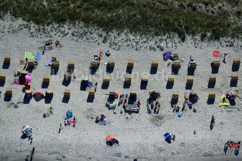 Wustrow von oben - Strandkorb- Reihen am Sand- Strand im Küstenbereich von Wustrow im Bundesland Mecklenburg-Vorpommern