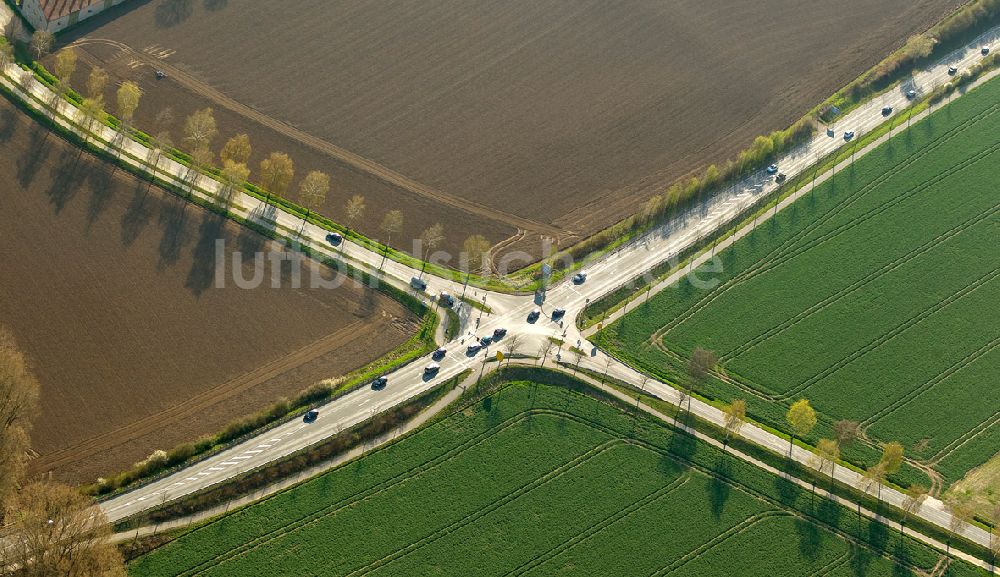 Lage von oben - Straßen- Kreuzung der Hörster Straße und dem Hellweg in Lage im Bundesland Nordrhein-Westfalen