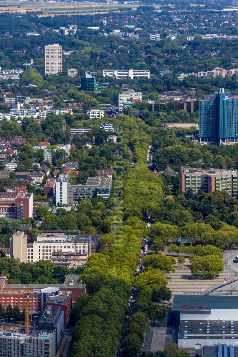 Luftbild Dortmund - Straßenführung des mit Bäumen umsäumten Rheinlanddamm in Dortmund im Bundesland Nordrhein-Westfalen, Deutschland