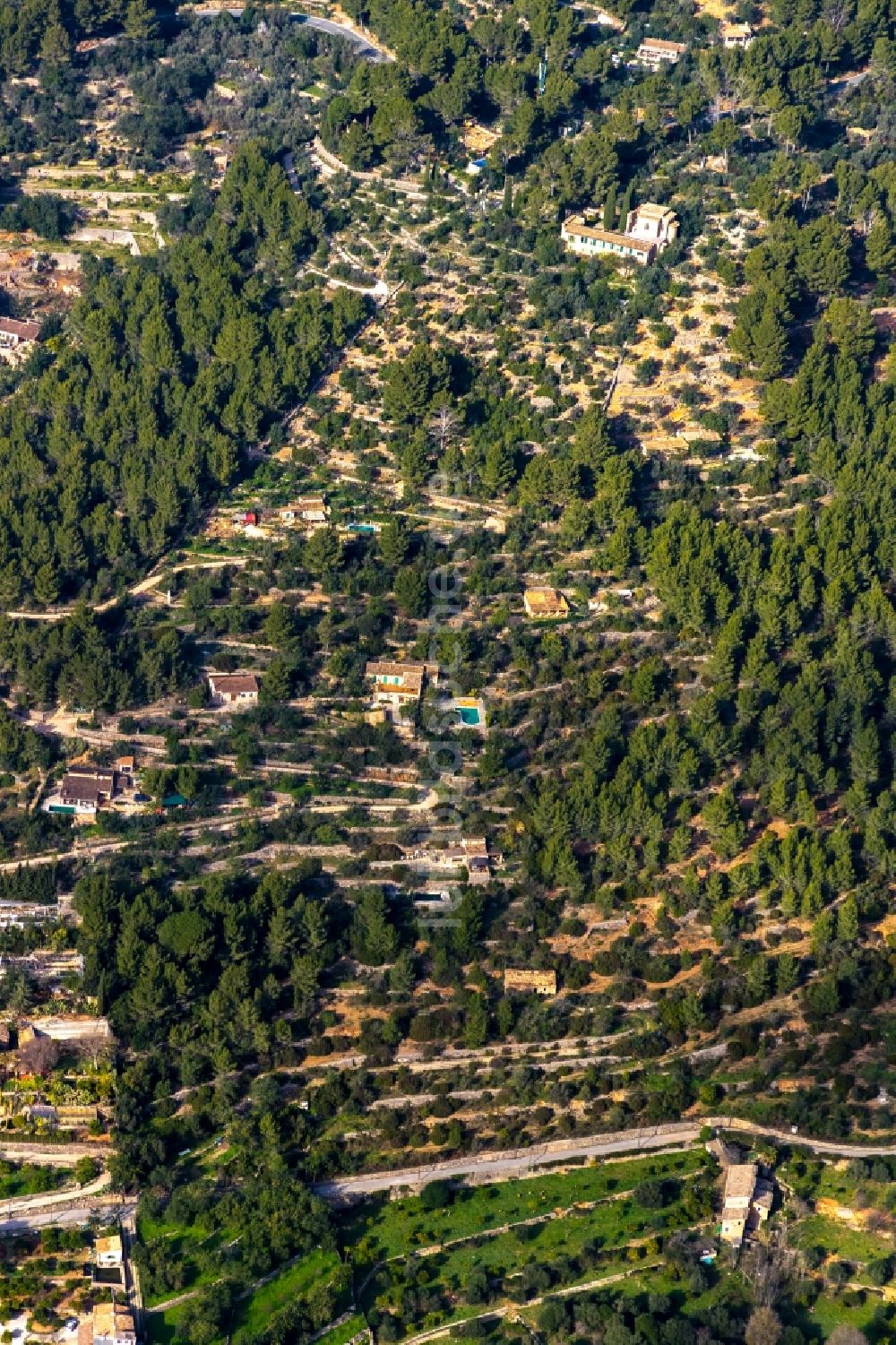 Luftaufnahme Soller - Straßenführung der Diseminado Sector Num 4 im Ortsteil L'Horta in Soller in Balearische Insel Mallorca, Spanien