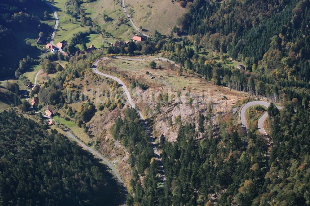 Häg-Ehrsberg von oben - Straßenverlauf an den Berghängen des Südschwarzwald bei Häg-Ehrsberg im Bundesland Baden-Württemberg