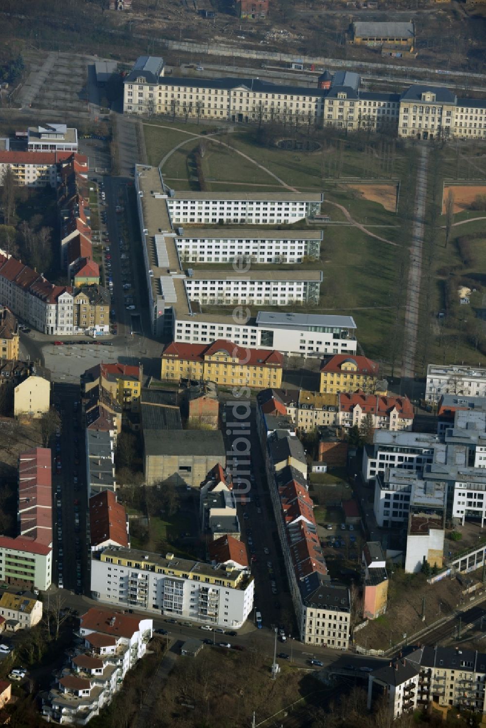 Luftaufnahme Leipzig-Möckern - Straßenzug Georg-Schumann-Straße Höhe Laubestraße in Leipzig-Möckern im Bundesland Sachsen.