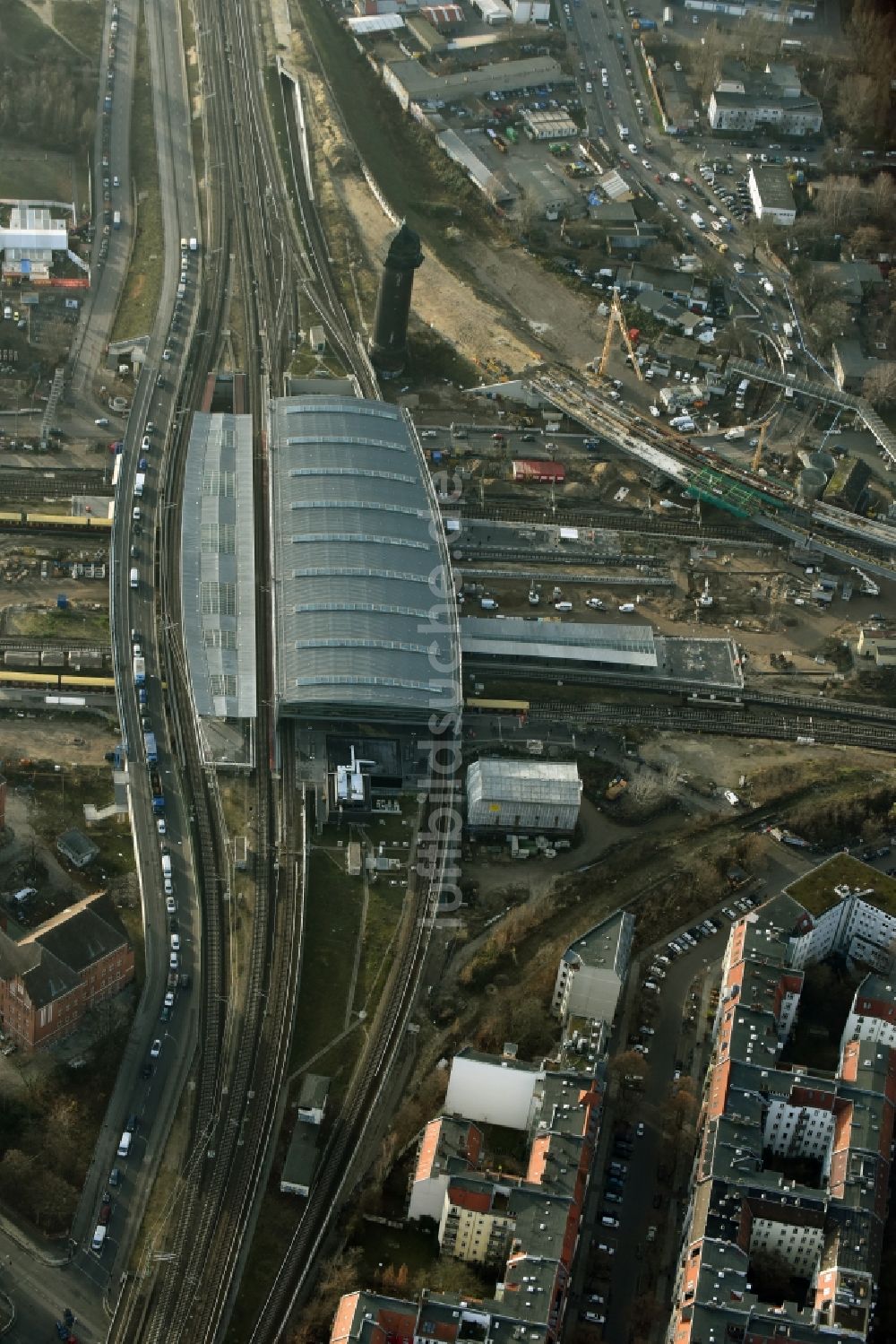 Berlin von oben - Strecken- Ausbau Bahnhof Ostkreuz im Stadtteil Friedrichshain von Berlin