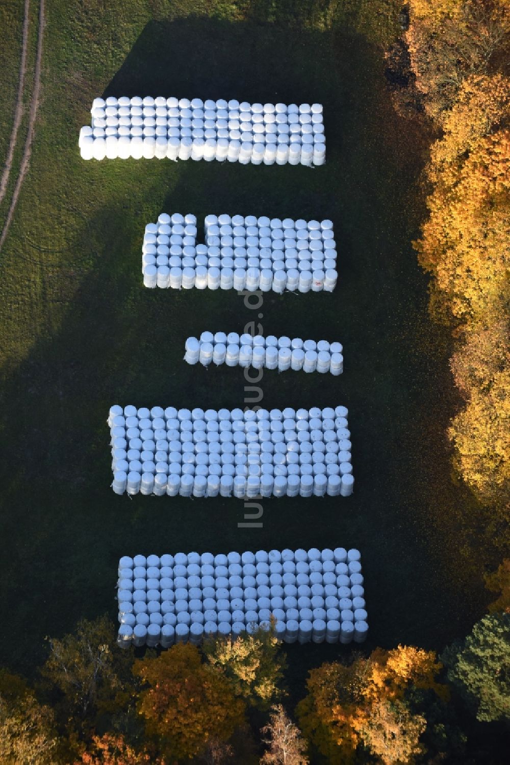 Spreenhagen von oben - Strohballen- Landschaft auf einem Feld am Waldrand in Spreenhagen im Bundesland Brandenburg