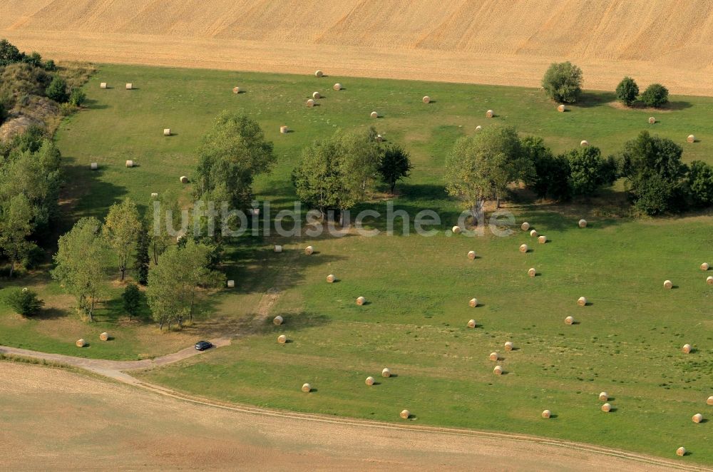 Erfurt aus der Vogelperspektive: Strohballen auf einer Wiese bei Erfurt in Thüringen