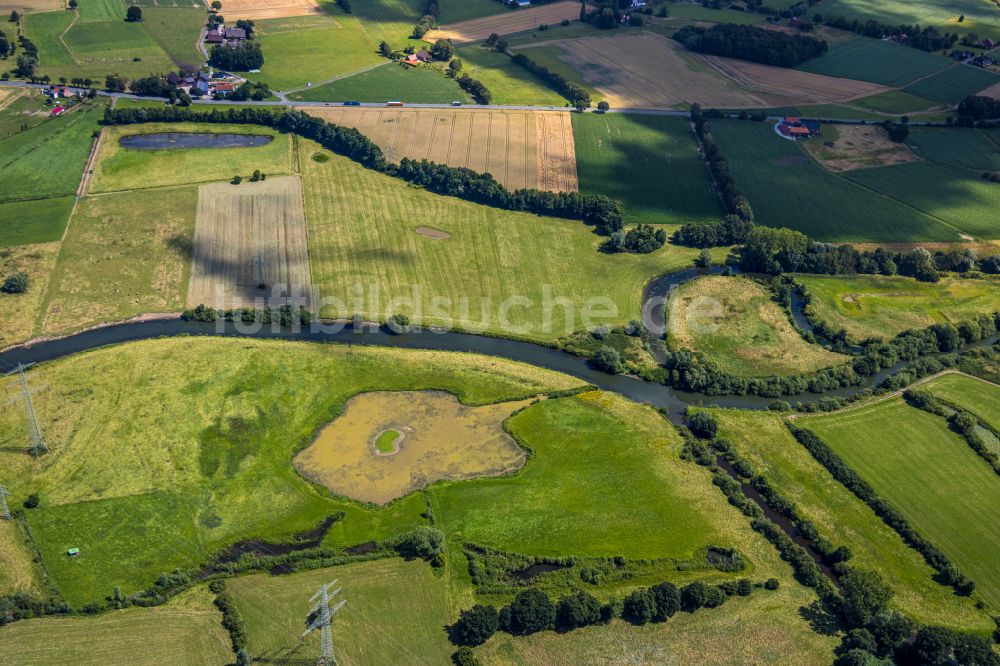 Hamm aus der Vogelperspektive: Strukturen einer Auen und- Wiesen- Landschaft der Lippe im Ortsteil Norddinker in Hamm im Bundesland Nordrhein-Westfalen, Deutschland