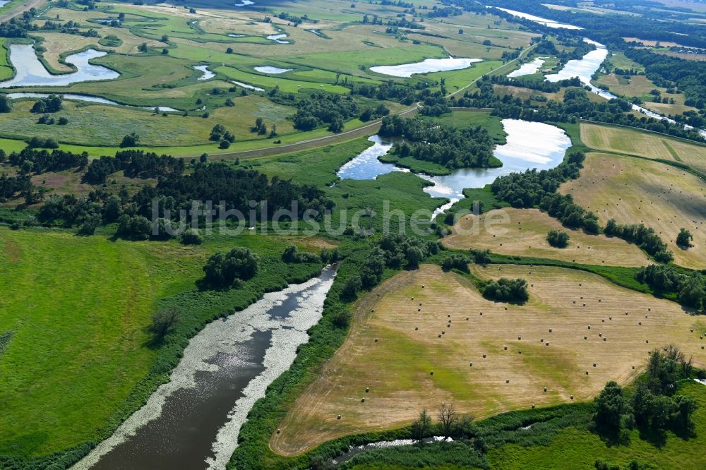 Luftaufnahme Stützkow - Strukturen einer Auen und- Wiesen- Landschaft in Stützkow im Bundesland Brandenburg, Deutschland