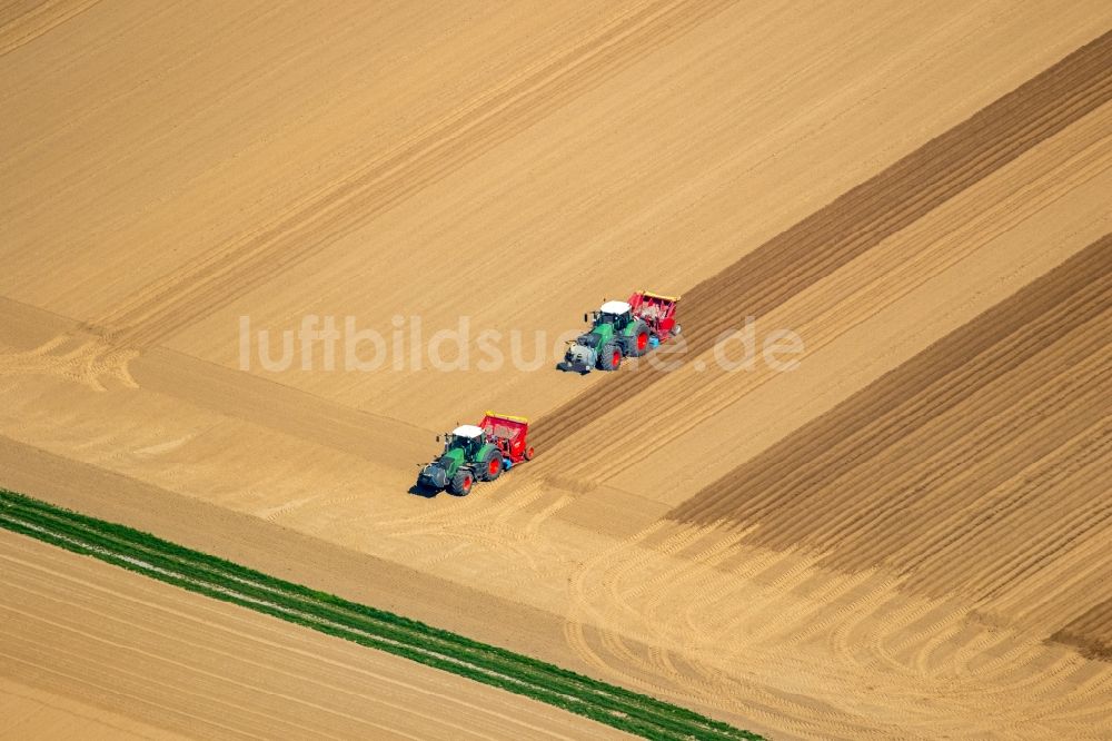 Luftaufnahme Linnich - Strukturen beim Eggen und Sähen auf landwirtschaftlichen Feldern in Linnich im Bundesland Nordrhein-Westfalen